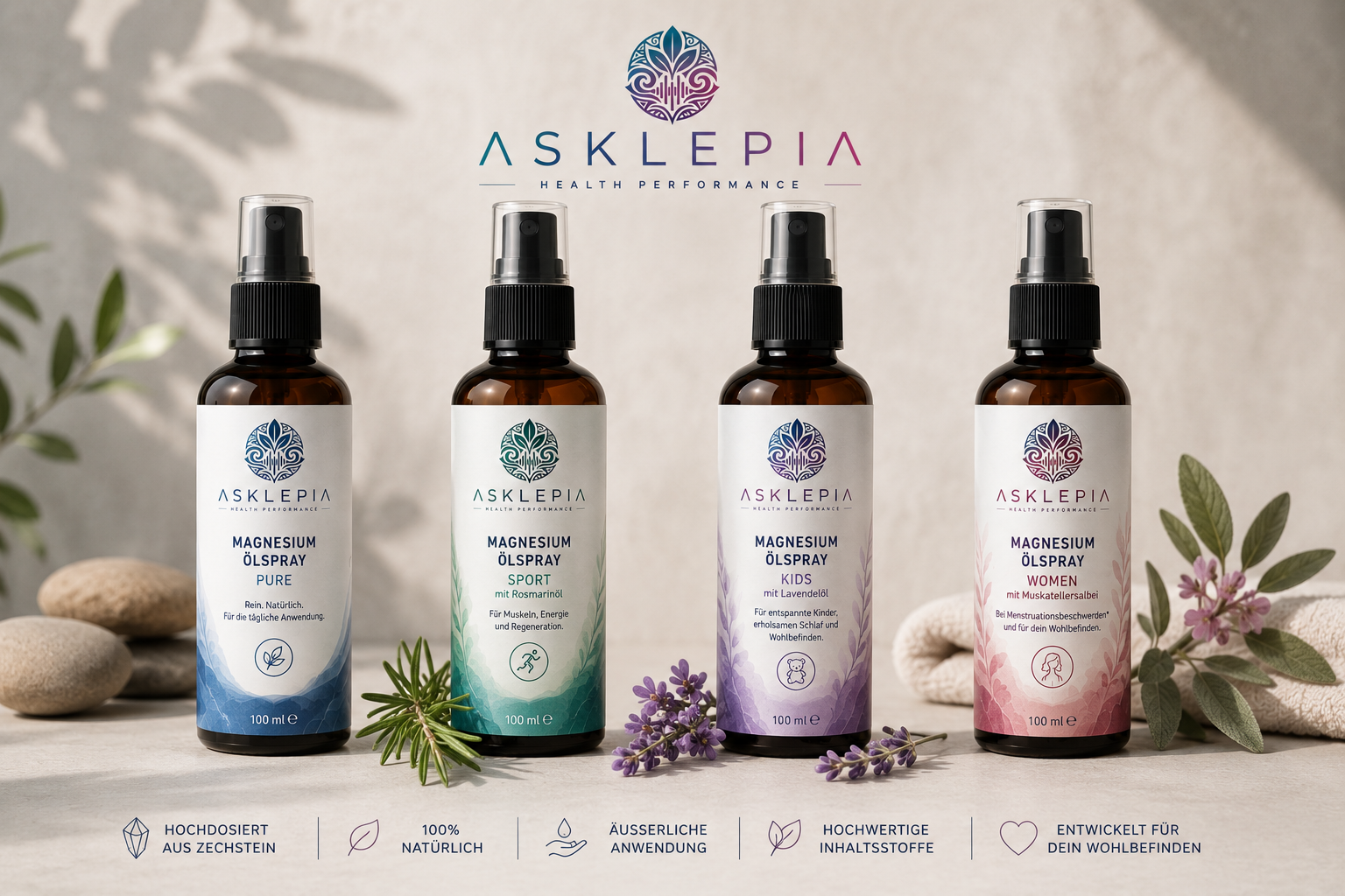 Asklepia Magnesium-Öl Spray — vier Flaschen der Linien Pure, Sport, Kids und Women